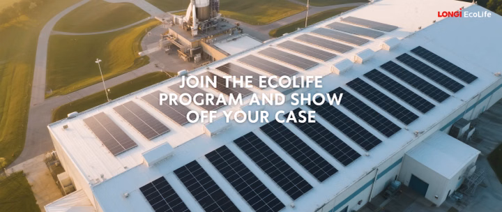 A building with solar panels on the roof, text reads: Join the EcoLife Program and show off your case.