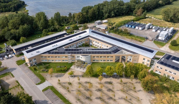 Aerial view of Aarhus University's DTU Risø Campus solar power installation.