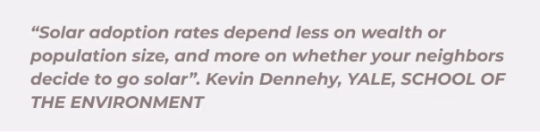 Quote: "Solar adoption rates depend less on wealth or population size, and more on whether your neighbors decide to go solar". Kevin Dennehy, YALE, SCHOOL OF THE ENVIRONMENT