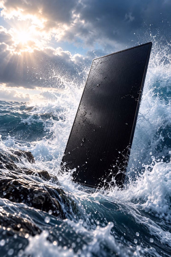 A LONGi solar panel standing in stormy coastal waters, demonstrating durable Sea-Shield technology for harsh environments.