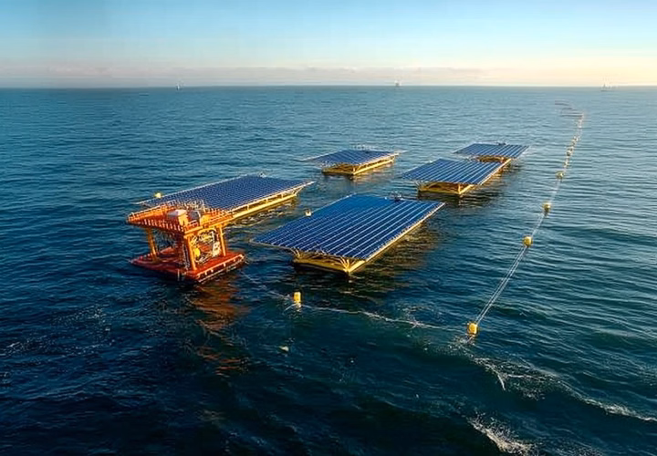 Floating solar PV panels installed on an offshore marine site.