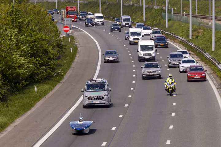 Infinite Apollo solar race car on a highway road test in Belgium.