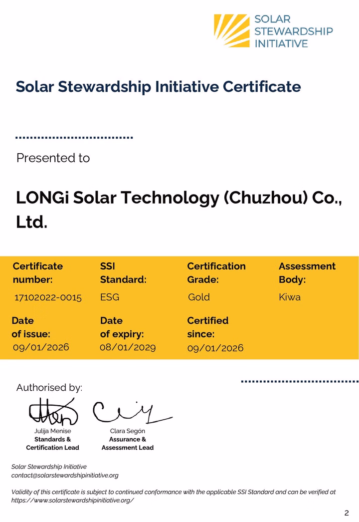 LONGi Solar Technology Chuzhou SSI ESG Gold Certification certificate.