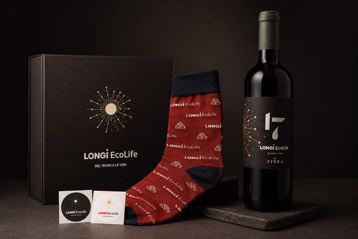 Caja de regalo premium LONGi EcoLife con vino, calcetines y accesorios para clientes de energía solar.