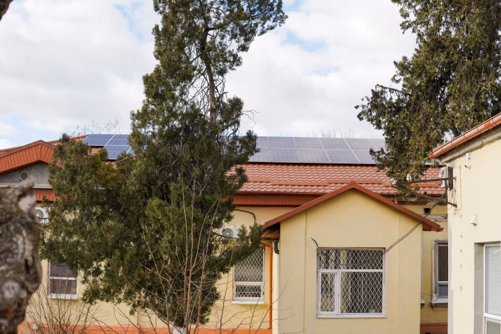 Solar panels installed on the roof of the Central District Hospital in the Izmail district of Ukraine.