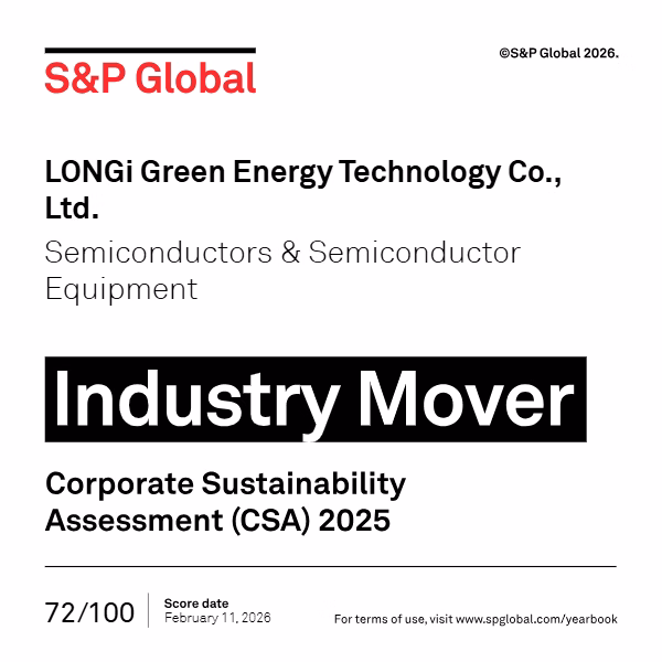 LONGi Green Energy Technology Co. recognized as an Industry Mover in the S&P Global Sustainability Yearbook 2026.