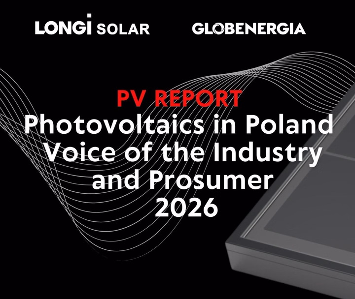 Cover of the Photovoltaics in Poland 2025 report by LONGi Solar and Globenergia.