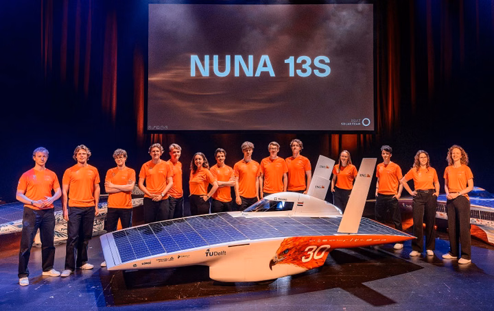 Members of the Delft Solar Team with their Nuna 13S solar car for the American Solar Challenge.