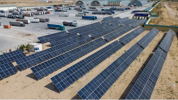 Aerial view of a 700kW solar power station at the UNHCR logistics hub in Termez, Uzbekistan.