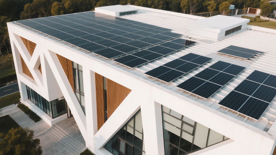 Aerial view of a commercial building rooftop fitted with solar panels