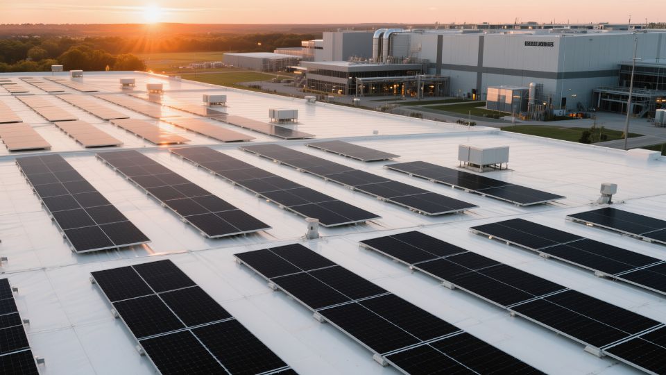 Factory rooftop solar array at sunrise beside the production plant