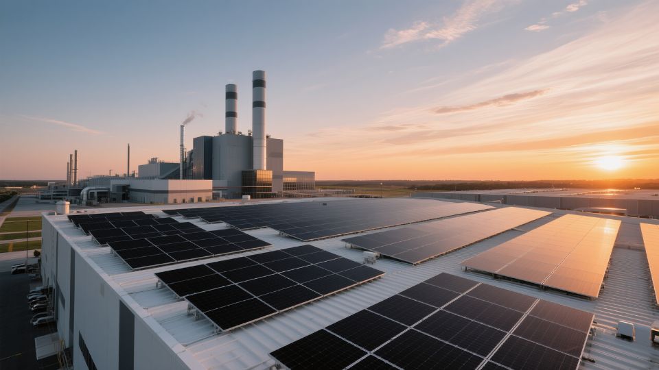 Industrial facility rooftop covered in solar panels at sunset