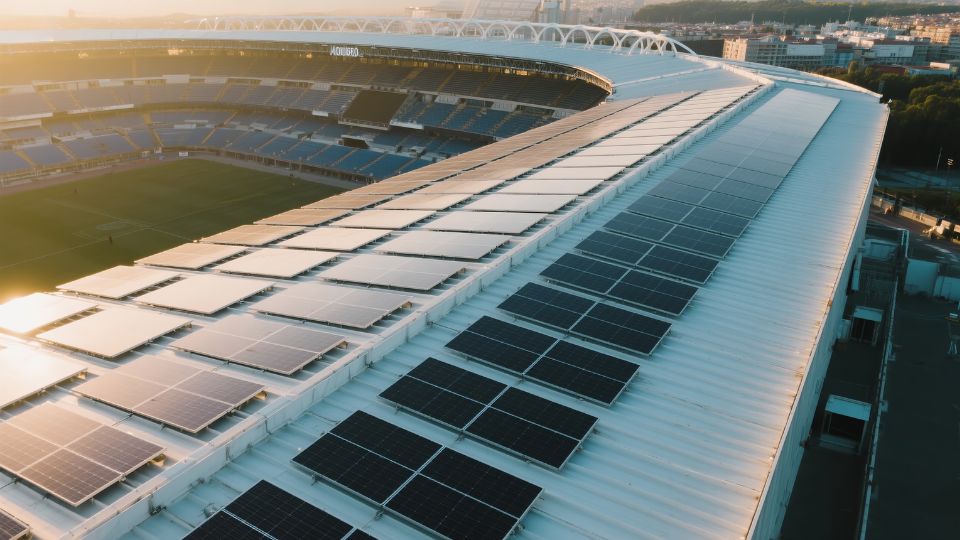 Stadium rooftop solar installation at sunset with the pitch below