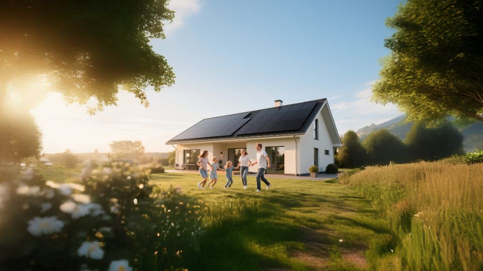 Family running together toward their home fitted with solar panels