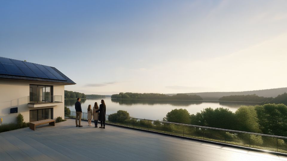 Family enjoying a lake-view terrace beside their solar-powered home