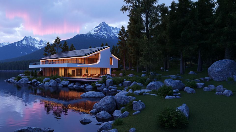 Contemporary lakeside home with a solar roof against a mountain backdrop