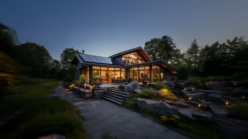 Modern home with LONGi solar panels illuminated at dusk